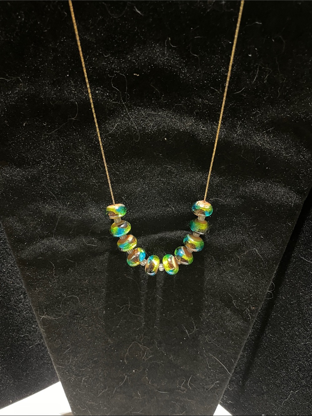 Gold Chain Necklace with Iridescent Green Glass Beads